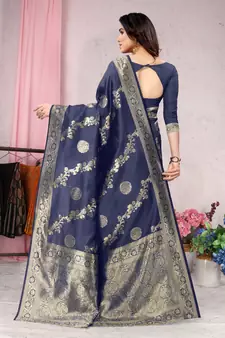 Navy blue woven banarasi silk saree with blouse