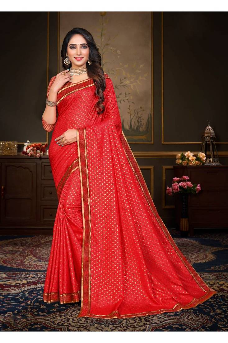 Indian Women Red Vichitra Silk Full Saree Fancy Border With Foil Print -  Indian Women Fashions Pvt Ltd - 3931986