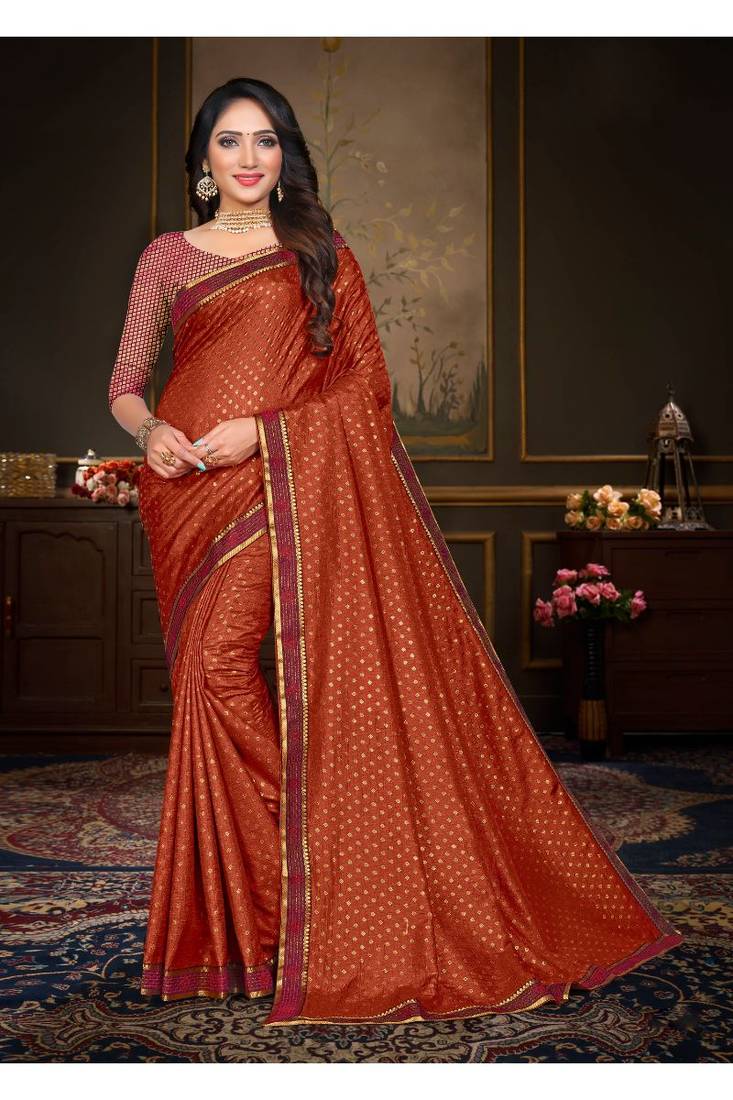 Indian Women Brown Vichitra Silk Full Saree Fancy Border With Foil Print -  Indian Women Fashions Pvt Ltd - 3931993