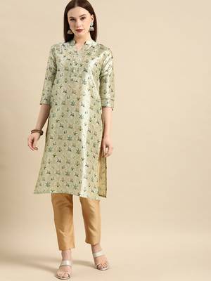 Women's Light Green Poly Chanderi Kurta 1