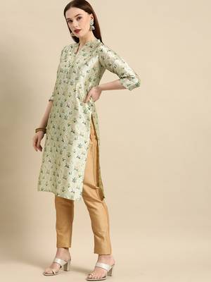 Women's Light Green Poly Chanderi Kurta 3