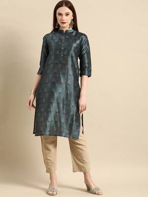 Women's Blue Poly Chanderi Kurta 1