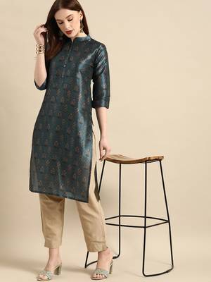 Women's Blue Poly Chanderi Kurta 2