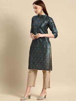 Women's Blue Poly Chanderi Kurta 3