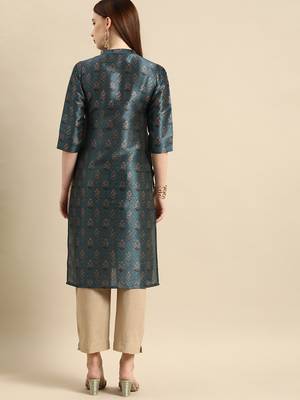 Women's Blue Poly Chanderi Kurta 4