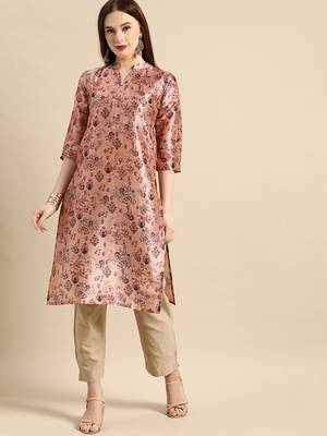 Women's Pink Poly Chanderi Kurta 2
