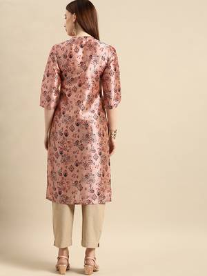 Women's Pink Poly Chanderi Kurta 4