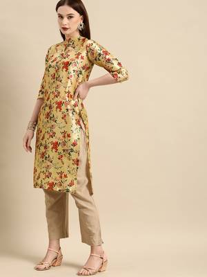 Women's Yellow Poly Chanderi Kurta 3