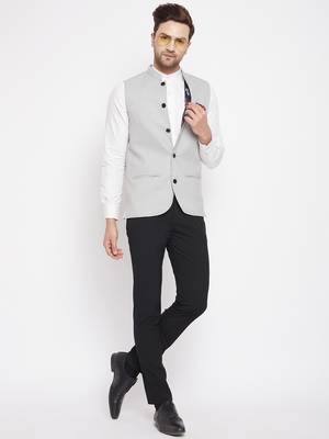 Grey plain pure wool nehru jacket 2