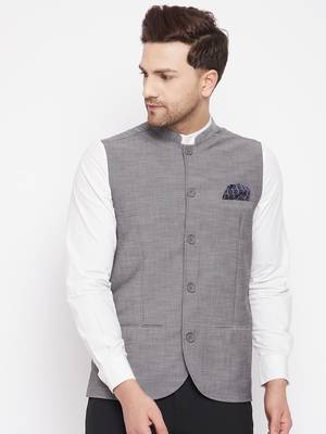 Grey plain pure wool nehru jacket 1