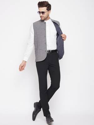 Grey plain pure wool nehru jacket 2
