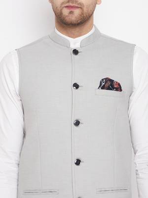 Grey plain pure wool nehru jacket 5