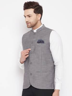 Grey plain pure wool nehru jacket 3
