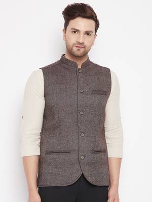 Brown plain pure wool nehru jacket 1
