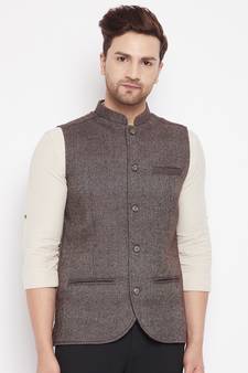 Brown plain pure wool nehru jacket