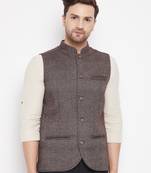 Brown plain pure wool nehru jacket