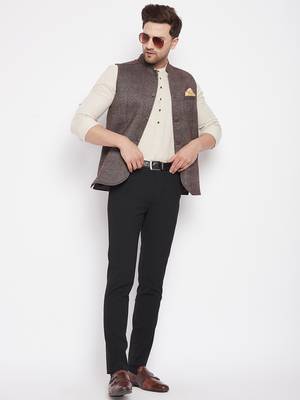 Brown plain pure wool nehru jacket 2