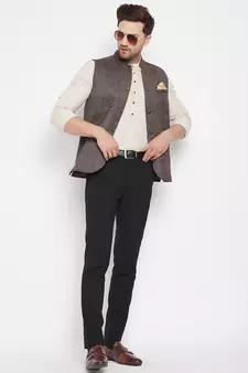 Brown plain pure wool nehru jacket