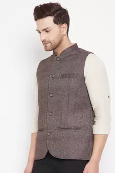 Brown plain pure wool nehru jacket