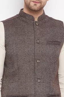 Brown plain pure wool nehru jacket