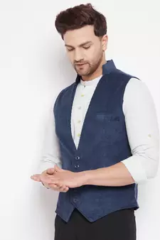 Blue plain pure wool nehru jacket