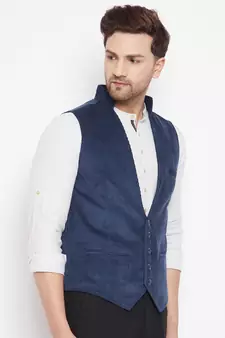 Blue plain pure wool nehru jacket