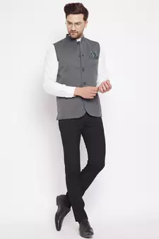 Grey plain poly ryon nehru jacket