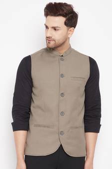 Beige plain poly ryon nehru jacket