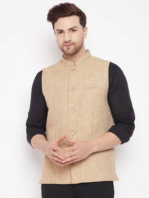 Beige plain linen nehru jacket 1