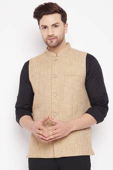 Beige plain linen nehru jacket