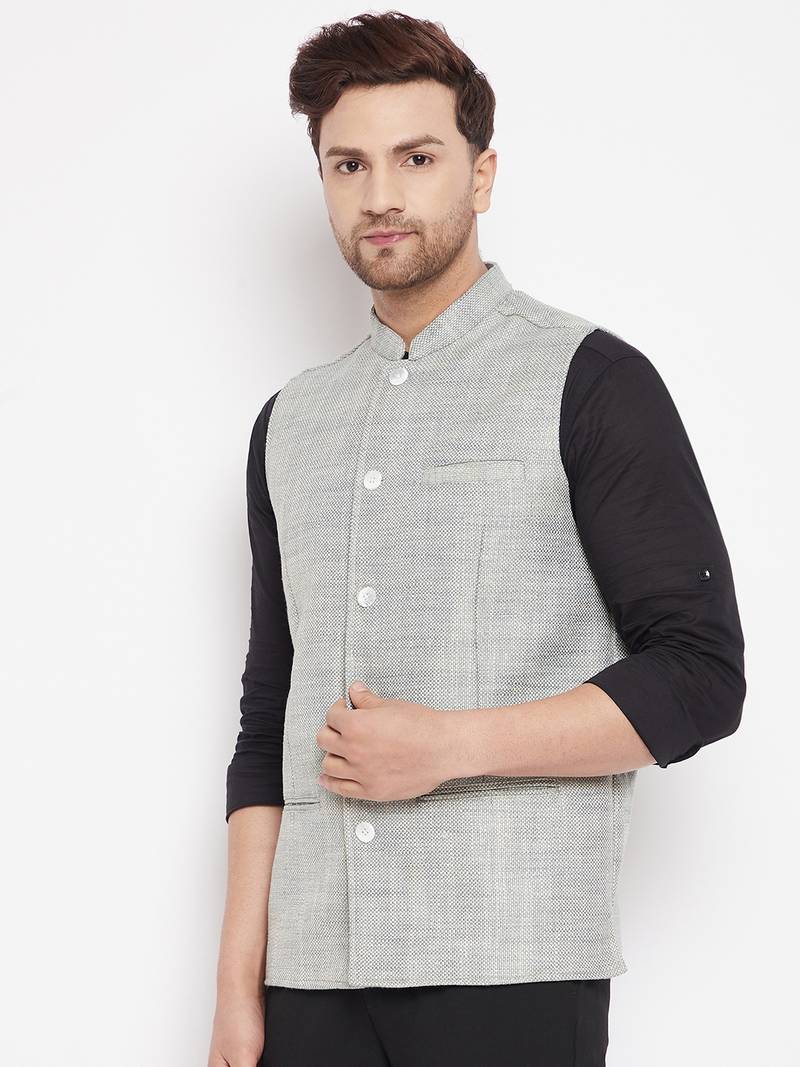 Green plain linen nehru jacket