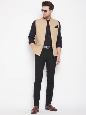 Beige plain linen nehru jacket 2