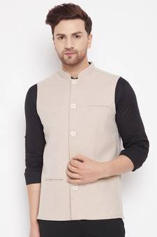 Fawn plain poly ryon nehru jacket