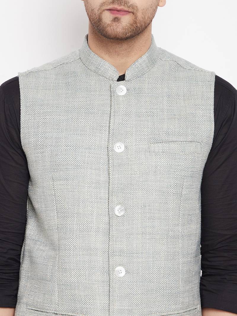 Green plain linen nehru jacket
