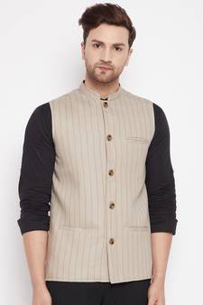 Beige plain poly ryon nehru jacket
