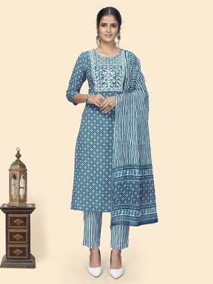Vbuyz Women'S Print & Embroidered Straight Rayon Blue Stitched Kurta Pant With Dupatta 1