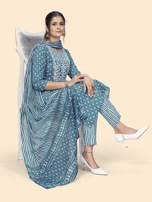 Vbuyz Women'S Print & Embroidered Straight Rayon Blue Stitched Kurta Pant With Dupatta 2