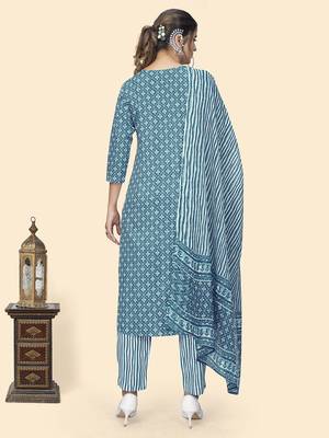 Vbuyz Women'S Print & Embroidered Straight Rayon Blue Stitched Kurta Pant With Dupatta 3