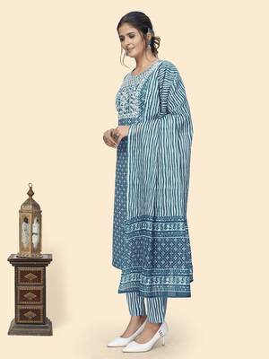 Vbuyz Women'S Print & Embroidered Straight Rayon Blue Stitched Kurta Pant With Dupatta 4