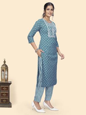 Vbuyz Women'S Print & Embroidered Straight Rayon Blue Stitched Kurta Pant With Dupatta 5
