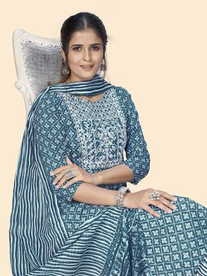 Vbuyz Women'S Print & Embroidered Straight Rayon Blue Stitched Kurta Pant With Dupatta 6