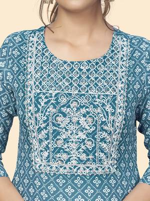 Vbuyz Women'S Print & Embroidered Straight Rayon Blue Stitched Kurta Pant With Dupatta 7