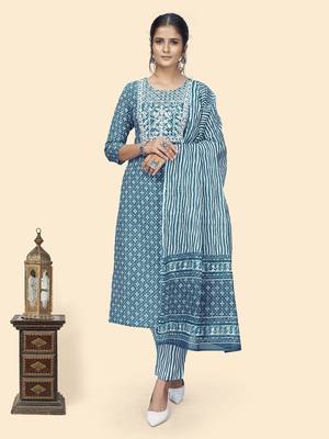 Vbuyz Women'S Print & Embroidered Straight Rayon Blue Stitched Kurta Pant With Dupatta 10