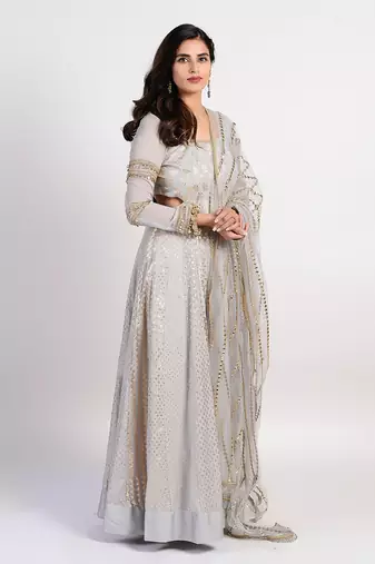 silver grey seashell anarkali