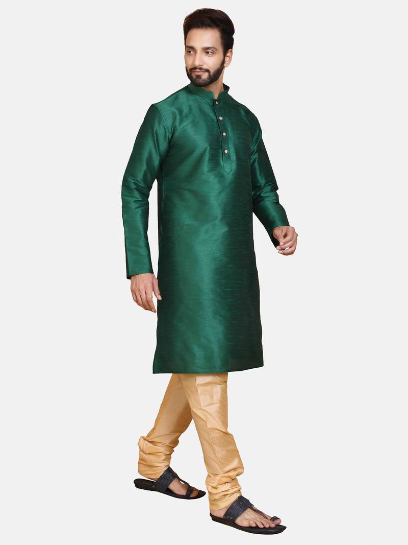 Green plain cotton silk kurta-pajama
