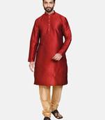 Maroon plain cotton silk kurta-pajama