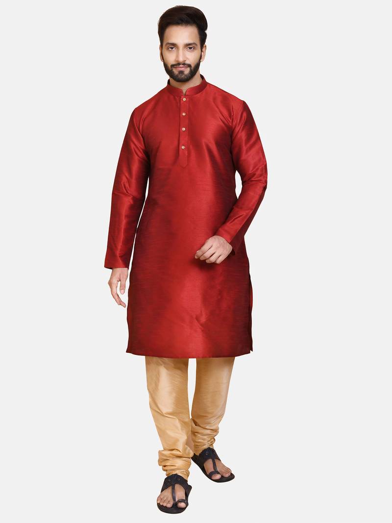 Maroon plain cotton silk kurta-pajama