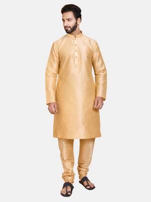 Gold plain cotton silk kurta-pajama 1