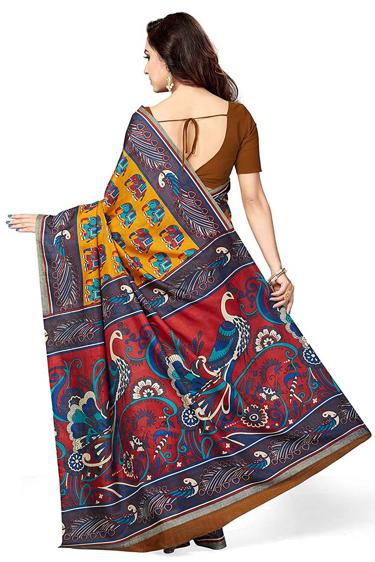 CLASSICATE from the house of The Chennai Silks Mustard Printed Kalamkari Tussar Art Silk Saree With Running Blouse
