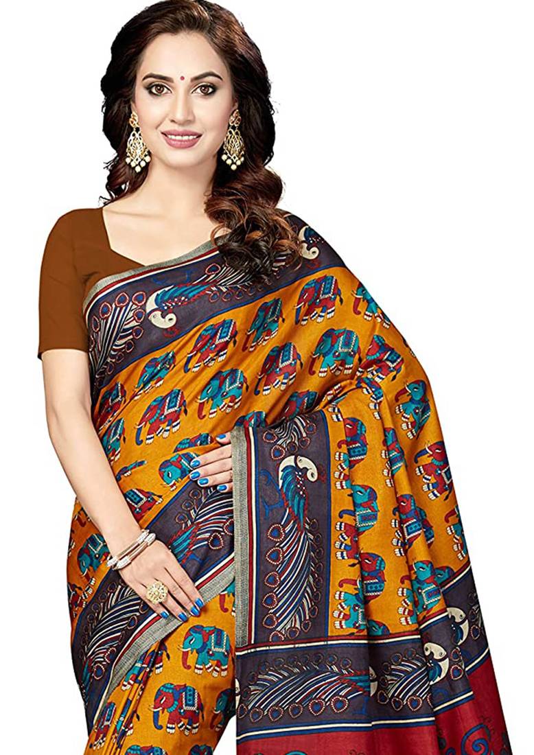 CLASSICATE from the house of The Chennai Silks Mustard Printed Kalamkari Tussar Art Silk Saree With Running Blouse